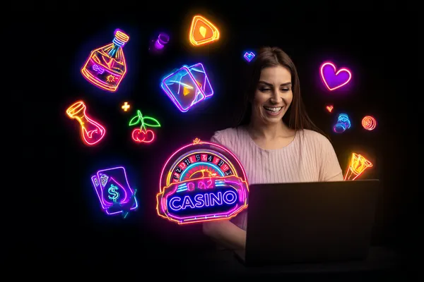 A woman smiling while playing online games on her laptop, surrounded by neon casino elements, showcasing HI77’s diverse game collection.