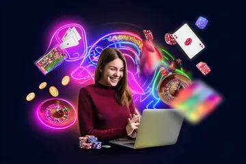 A man celebrating a winning moment on his laptop while gaming symbols float around him, capturing the excitement of HI77 games.