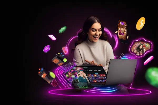 ক্যাসিনো-থিমযুক্ত ব্যাকগ্রাউন্ডে কেউ তার ডিভাইস ব্যবহার করছেন—যা HI77–এ মসৃণভাবে অ্যাকাউন্টে পুনরায় প্রবেশের অভিজ্ঞতাকে তুলে ধরে।